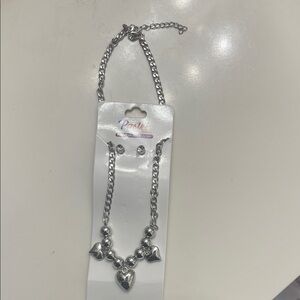 Silver Puffy Heart Charm Necklace and Earring Set